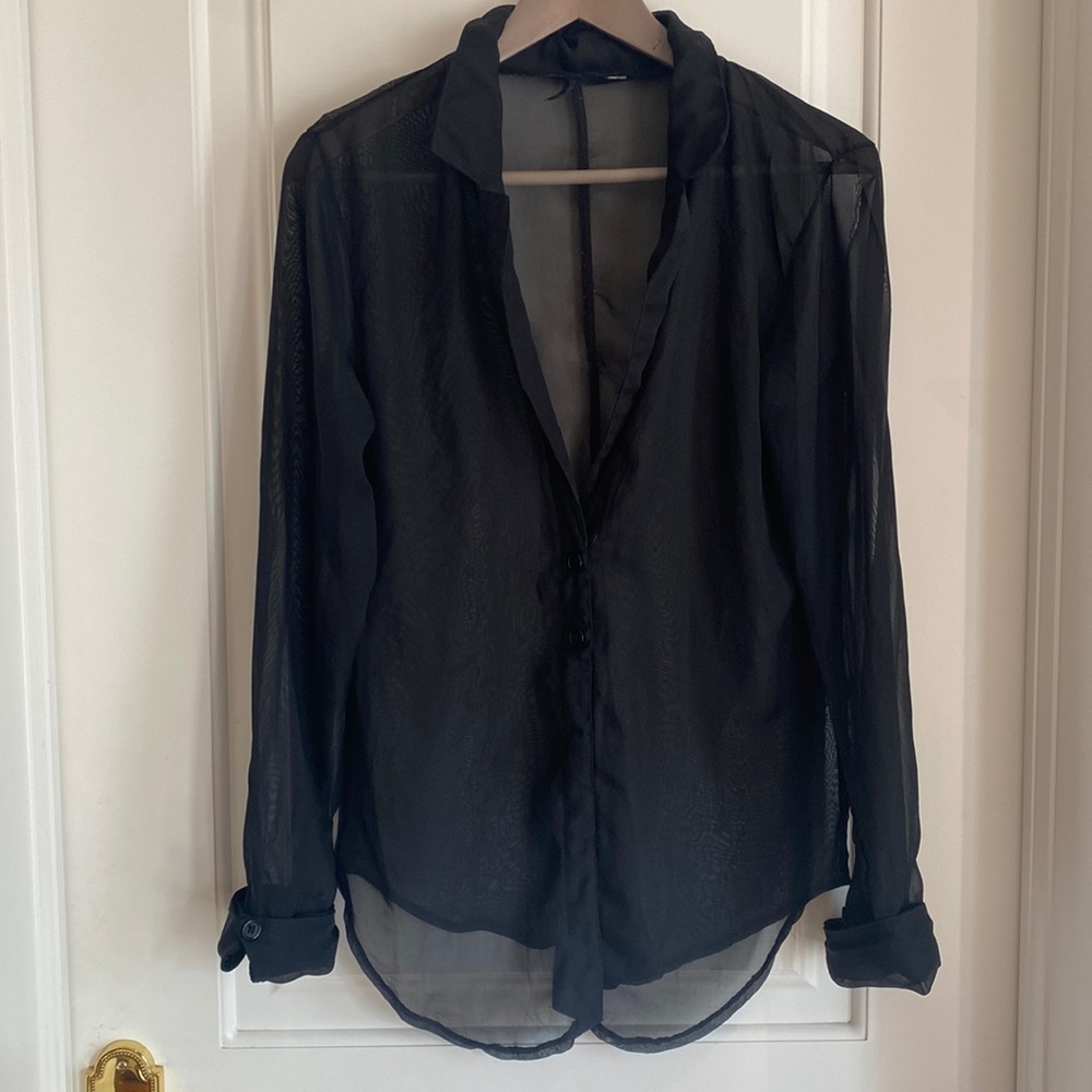 Black Seductions Boutique Woman’s Sheer Long Sleeve Blouse Deep V Neck